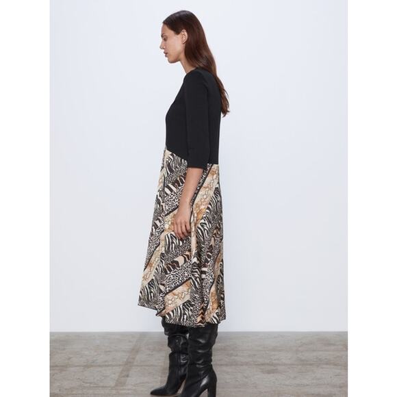 Zara Black Multicolor Animal Print Long Sleeve Leopard Zebra Midi Dress Size L - Picture 5 of 9